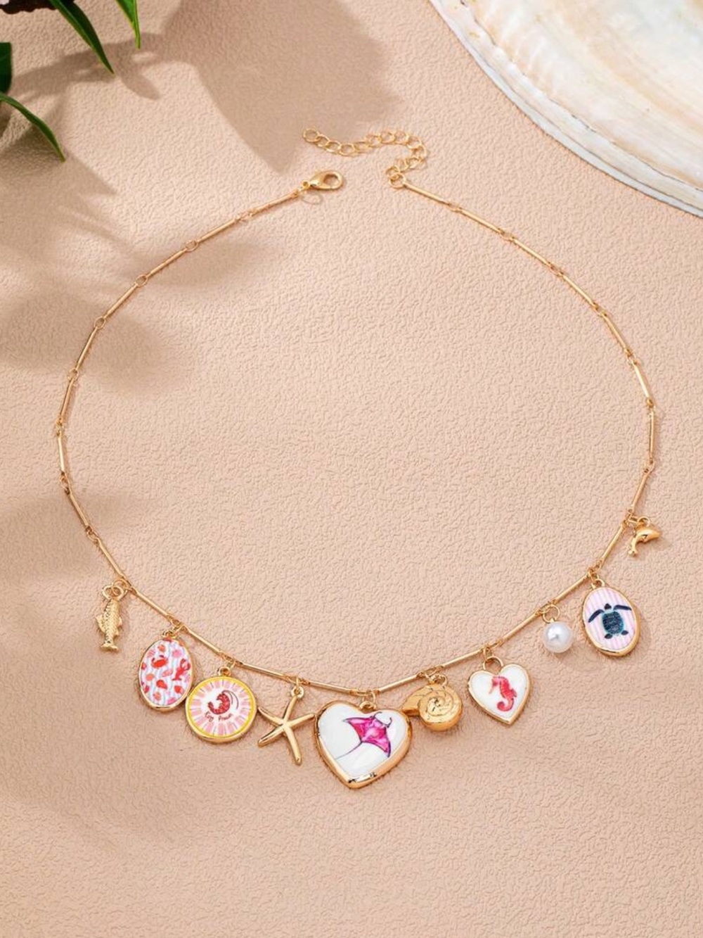 5/$15 🩷 MUST BUNDLE Gold Beach Charm Nautical Necklace with Pink & White Enamel - Picture 3 of 5